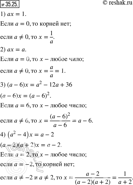Изображение 35.25. Для каждого значения a решите уравнение:1) ax=1; 2) ax=a; 3) (a-6)x=a^2-12a+36; 4) (a^2-4)x=a-2. ...