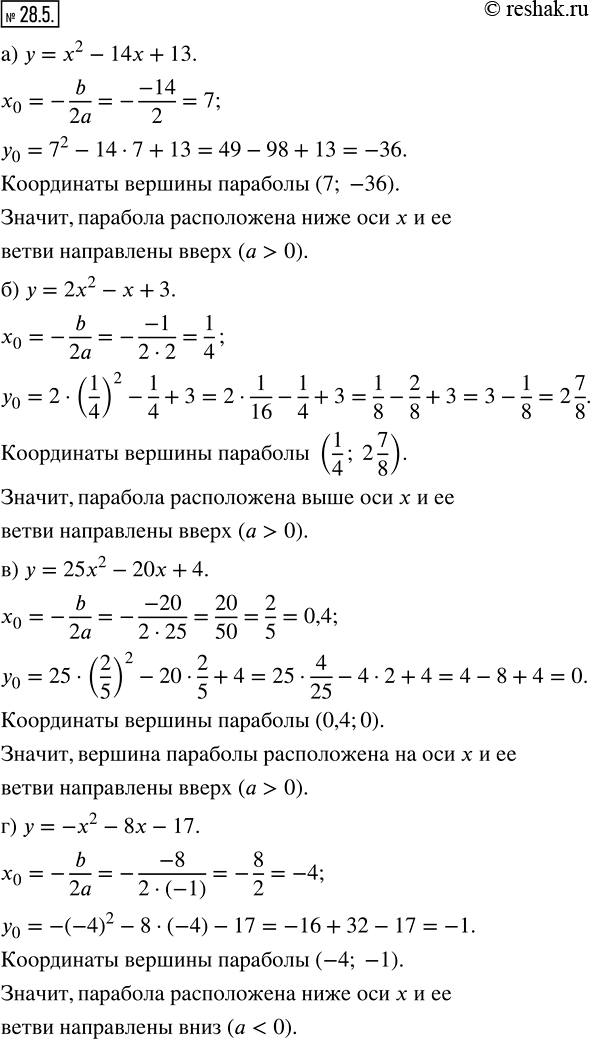 Изображение 28.5. Не выполняя построения графика функции, ответьте на вопрос, как расположен этот график относительно оси ж:а) у = x^2 - 14x + 13;   в) у = 25x^2 - 20x + 4;б) у...