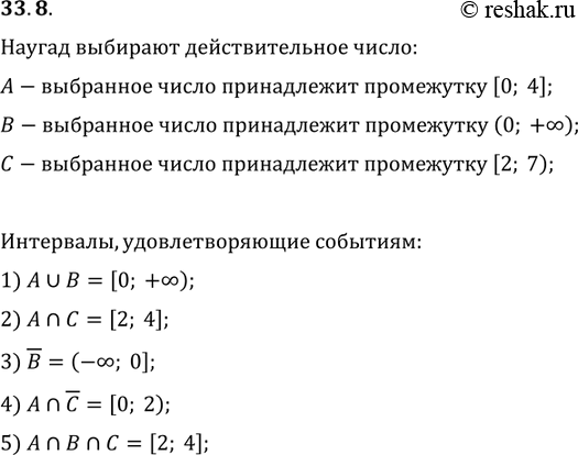 Изображение 33.8. Опыт состоит в том, что наугад выбирают действительное число.В этом опыте рассматривают следующие события:А — выбранное число принадлежит промежутку [0; 4],В...