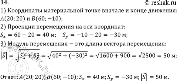 Изображение На рисунке 6 показана траектория движения материальной точки из А в В. Найти координаты точки в начале и конце движения, проекции перемещения на оси координат, модуль...