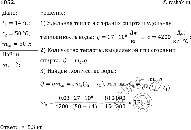 Изображение 1052.	Сколько воды, взятой при температуре 14 °С, можно нагреть до 50 °С, сжигая спирт массой 30 г и считая, что вся выделяемая при горении спирта энергия идет на...