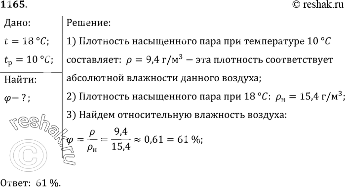 Изображение 1165.	Какова относительная влажность,  если температура воздуха равна 18 °С,  а его точка росы равна 10...