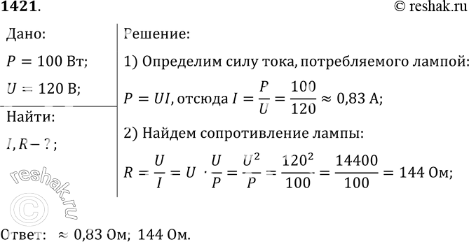 Изображение 1421.	На баллоне электрической лампы написано 100 Вт; 120 В. Определите, какими будут сила тока и сопротивление, если ее включить в сеть с напряжением, на которое она...