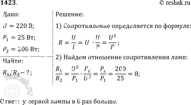 Изображение 1423.	На баллоне одной электрической лампы написано 220 В; 25 Вт, а на баллоне другой — 220 В; 200 Вт. Определите, сопротивление какой лампы больше и во сколько...