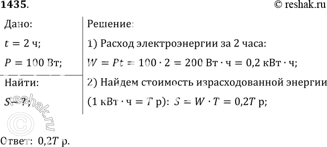Изображение 1435.	Определите стоимость израсходованной энергии при пользовании телевизором в течение 2 ч. Мощность телевизора равна 100 Вт, а стоимость 1 кВт • ч равна Т...