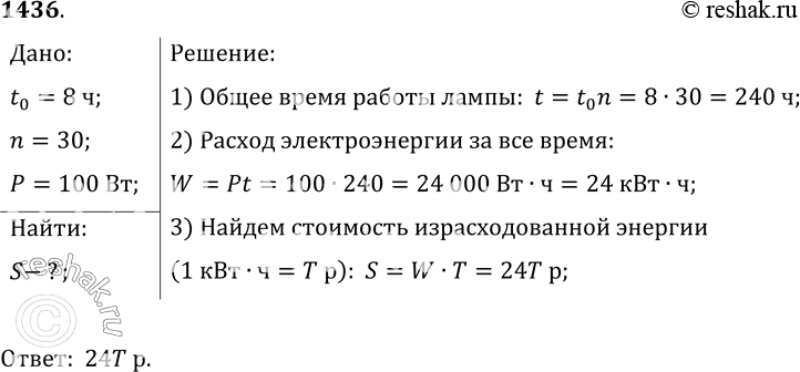 Изображение 1436.	Рассчитайте стоимость израсходованной энергии при тарифе Т р. за 1 кВт • ч при горении электрической лампы мощностью 100 Вт, если лампа горит по 8 ч в сутки в...