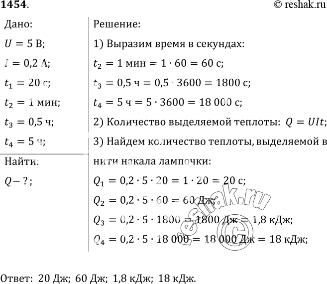 Изображение 1454.	Какое количество теплоты выделится в нити накала электрической лампы за 20 с, если при напряжении 5 В сила тока в ней 0, 2 А; за 1 мин; за 0, 5 ч; за 5...