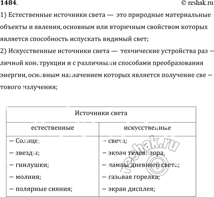 Изображение 1484.	В тетради начертите таблицу. В ней распределите тела, являющиеся естественными или искусственными источниками света: Солнце, свеча, экран телевизора, звезды,...
