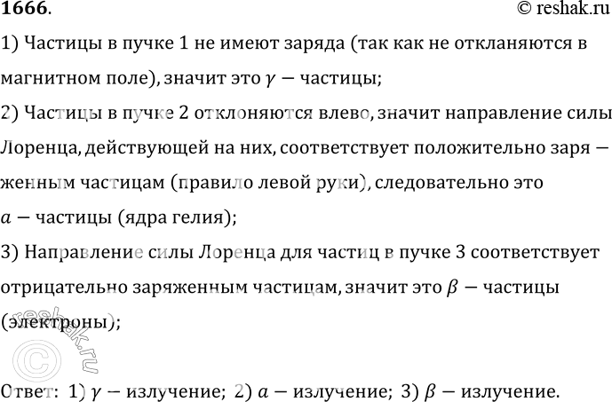 Изображение 1666.	При распаде ядер радия пучок излучения в сильном магнитном поле распадается на три пучка. Какому виду излучения соответствует каждый пучок (рис. 424)?Примечание....