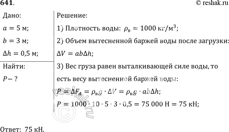 Изображение 641.	Прямоугольная баржа длиной 5 м и шириной 3 м после загрузки осела на 50 см. Определите вес груза, принятого...