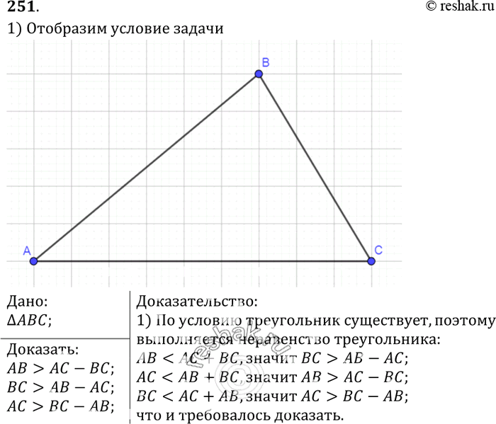 Изображение Докажите, что каждая сторона треугольника больше разности двух других сторон.РешениеДокажем, например, что в треугольнике ABC АВ > АС - ВС. Так как АВ + ВС > АС, то АВ...