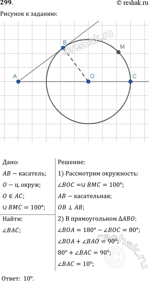 Изображение 299. Через точку A, лежащую вне окружности с центром в точке О, проведены две прямые, одна из которых касается окружности в точке В, а вторая проходит через её центр...