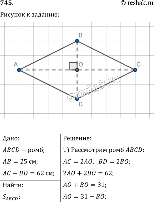 Изображение 745. Найдите площадь ромба, сторона которого равна 25 см, а сумма диагоналей — 62...