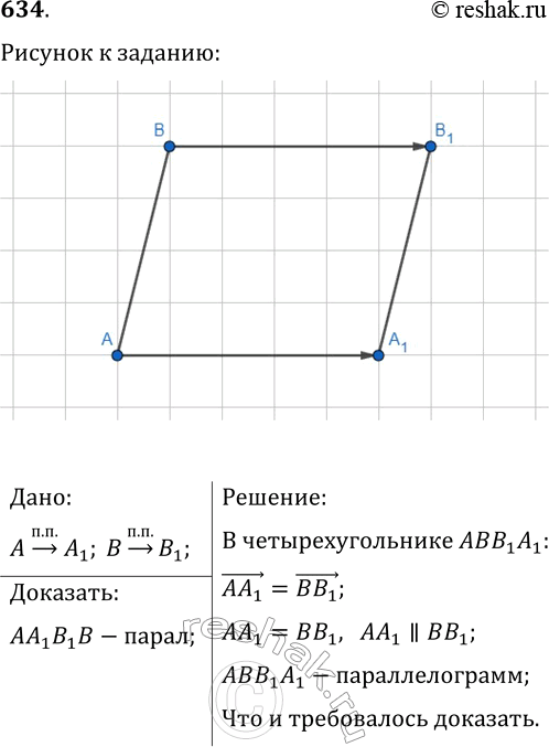 Изображение 634. Точки A1 и B1 не принадлежат прямой АВ и являются образами соответственно точек А и В при параллельном переносе. Докажите, что четырёхугольник AA1B1B —...