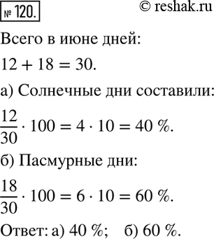 Изображение 120. В июне было 12 солнечных и 18 пасмурных дней. Сколько процентов составили:а) солнечные дни;б) пасмурные...