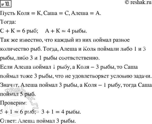Изображение 10. Коля, Саша и Алёша были на рыбалке. Каждый из них поймал разное количество рыб. Саша и Коля вместе поймали 6 рыб, Алёша и Коля — 4 рыбы. Сколько рыб поймал...