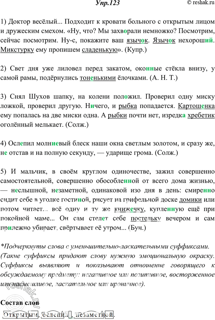 Изображение 123. Спишите. Найдите слова с суффиксами, выражающими оценку. Какую эмоциональную окраску они придают речи? Какую роль эти суффиксальные образования играют в тексте?...