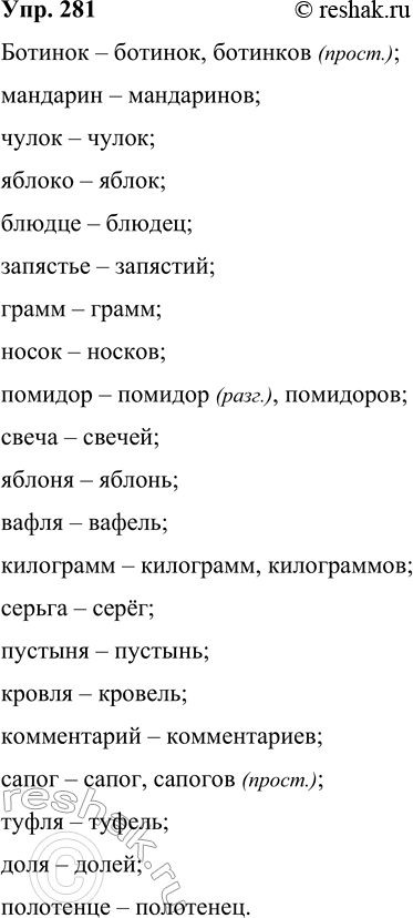 Изображение 281 Пользуясь словарём, от данных существительных образуйте форму Р. п. мн. ч. Помните о том. что существуют разговорные варианты форм слов, указывайте в скобках...