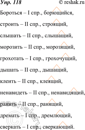 Изображение 118. Спишите столбиком данные глаголы и укажите их спряжение. Затем образуйте от этих глаголов причастия с суффиксом -ущ- (-ющ-) или -ащ- (-ящ-). Запишите эти причастия,...