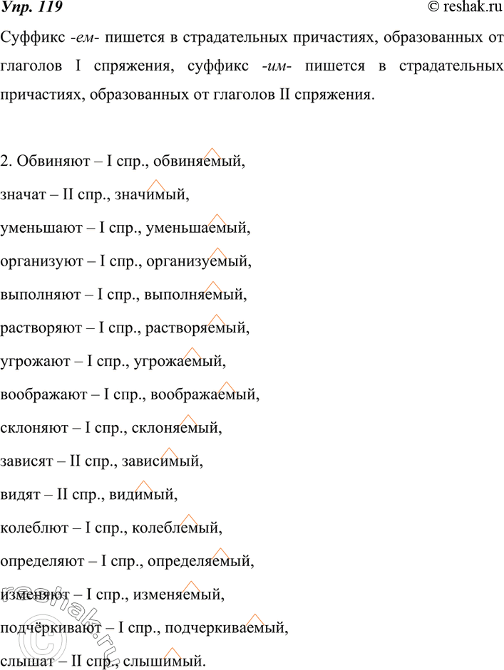 Изображение 119. 1. Вспомните, в каких причастиях пишется суффикс -ем-, а в каких — суффикс -им-.2. Определите спряжение данных глаголов. Образуйте от них причастия с суффиксом...