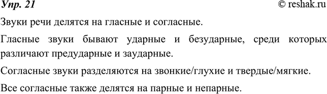 Изображение 21. Используя данную схему, расскажите о звуках речи русского языка. Не забывайте приводить примеры.Звуки речиГласныеУдарные Безударные Предударные...
