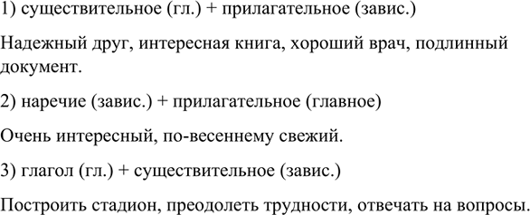 Изображение Найдите в приведённых ниже словосочетаниях главные и зависимые слова. Укажите, какими частями речи они выражены.1) Надёжный друг, интересная книга, хороший врач, под...